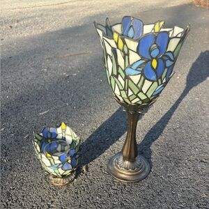 Tiffany-style glass mosaic and brass base Iris candle holders by PartyLite